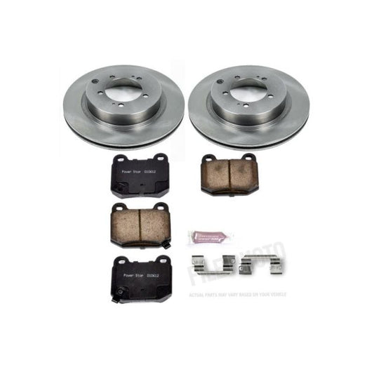Rear PowerStop OE brake kit for Mitsubishi Lancer 2003-2006, includes brake pads and rotors installed on the vehicle.