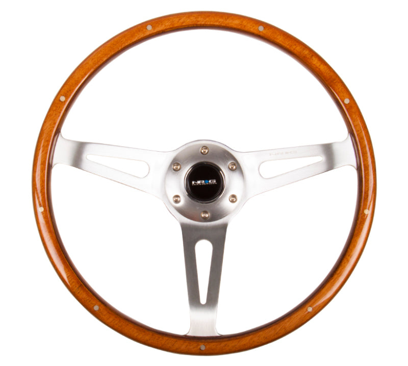 NRG Classic wood grain steering wheel with metal accents and polished aluminum center, 365mm, 3-spoke design.