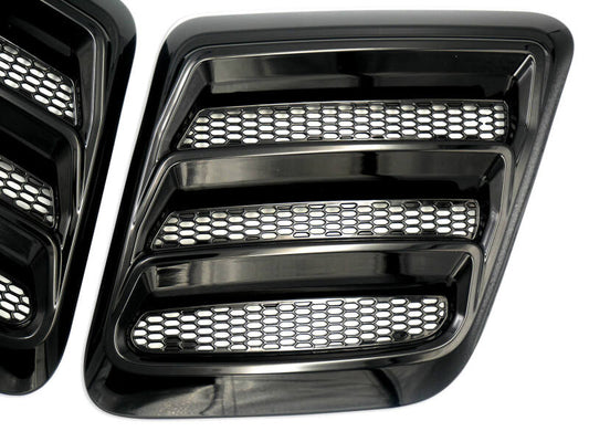Roush gloss black 2018-2023 Mustang hood vents with heat extractors, designed for improved airflow and aggressive styling.