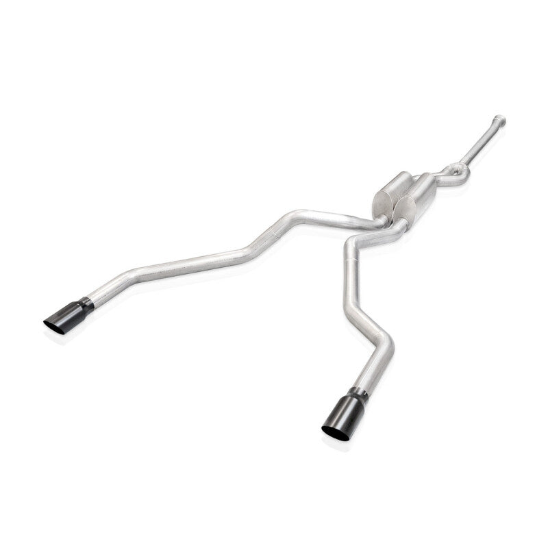 Stainless Works 2021-23 F-150 5.0L Catback exhaust system, factory Legend style, shown on a pickup truck.