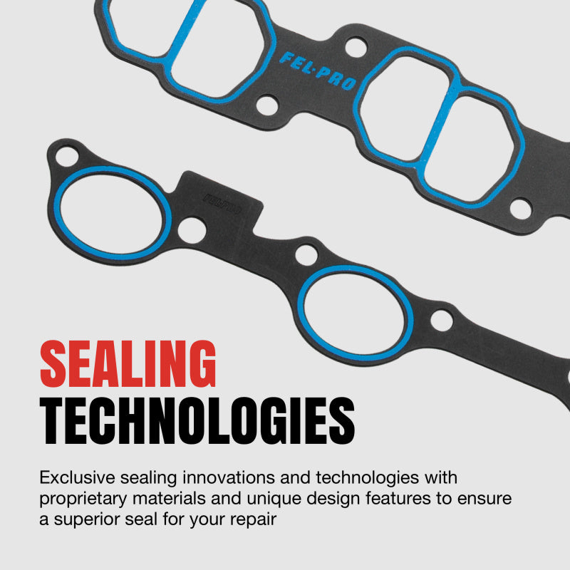 Fel-Pro Jeep Wrangler intake and exhaust manifold gaskets, close-up of durable, black gasket set for engine sealing.