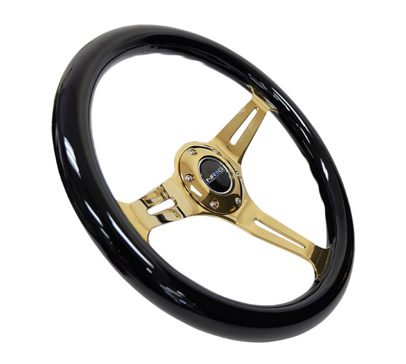 NRG Classic wood grain steering wheel with black grip, chrome gold 3-spoke center, 350mm diameter for car interior enhancement