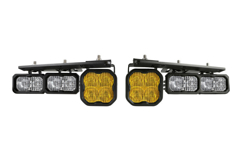 Diode Dynamics yellow Ford Bronco Stage Series fog lights installed in the fog pocket, showcasing their compact, sporty design.