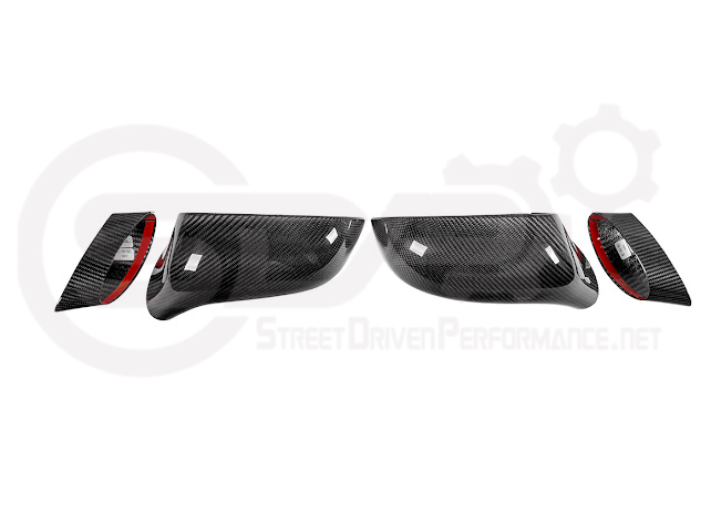 Set of four dry carbon fiber side mirror cap covers for 2005-2013 Chevy Corvette C6, tape-on style by Street Driven Performance.