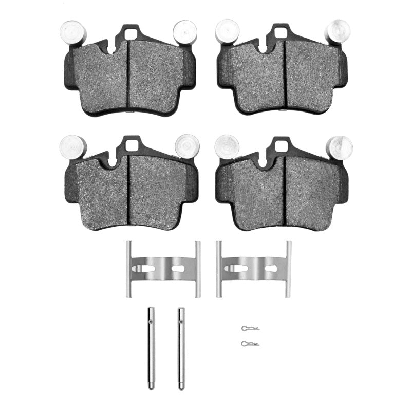 R1 Concepts Porsche Boxster rear semi-metallic brake pads and hardware kit for OE replacement, showing brake pads and hardware components.