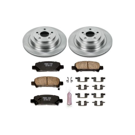 PowerStop OE rear brake kit for Subaru Legacy 2005-2009, including brake pads and rotors, shown in the image.