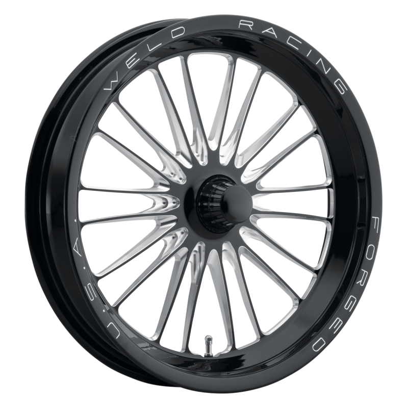 Weld RPM Frontrunner 17x3.5 forged wheel in gloss black milled finish with Anglia spindle and 0 bolt pattern.