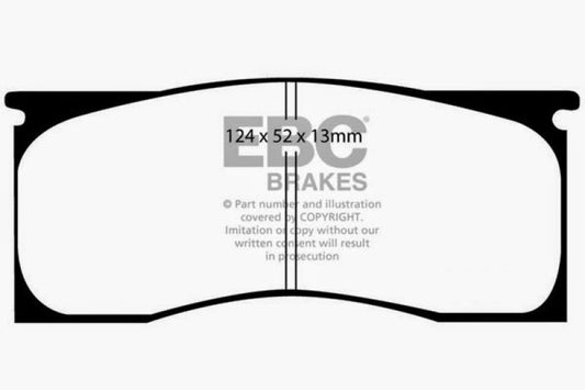 EBC Redstuff front brake pads for Dodge Dart 2.8, high-performance brake pads with red friction material, detailed view of the brake pad set.