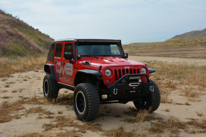 DV8 Offroad Jeep Wrangler JK metal heat dispersion hood in primer black, designed for 2007-2018 models with a durable, rugged look.
