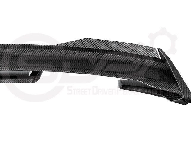 Ford Mustang Dark Horse style carbon fiber rear wickerbill spoiler wing for 2015-2023 models, featuring sleek aerodynamic design