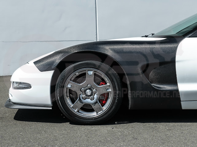 Factory style carbon fiber front and rear widebody fenders for 1997-2004 Chevrolet Corvette C5 hatchback by Street Driven Performance.