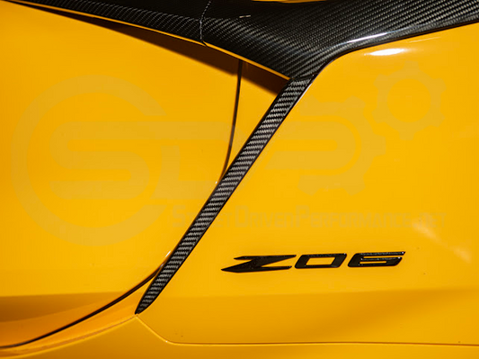 Street Driven Performance carbon fiber side fender vents for 2023 Corvette C8 E-Ray and Z06, 3-piece intake vent door trim replacement.