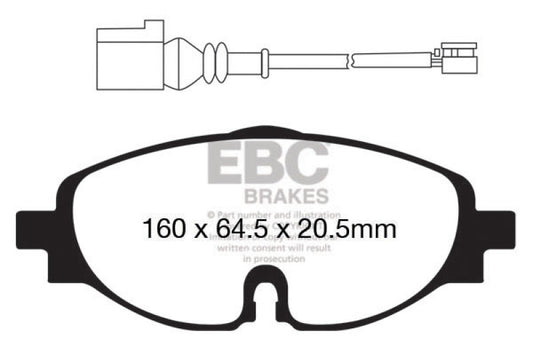 EBC 14+ Audi A3 1.8 Turbo Ultimax2 front brake pads, OE quality, showing new brake pad set with metal backing and friction surface.