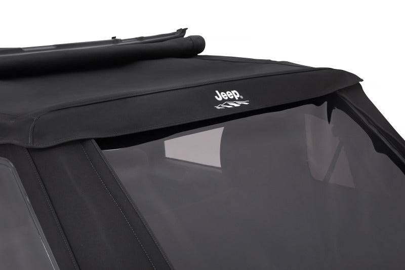 Bestop Jeep Trektop soft top for 2007-2018 Jeep Wrangler JK 4-door in premium black twill fabric, shown installed on vehicle