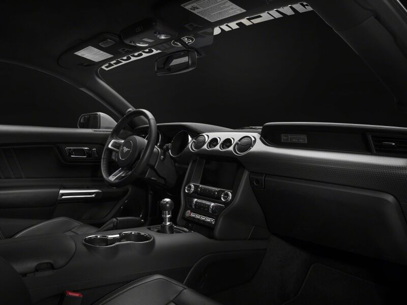 Raxiom Ford Mustang Stage 2 Map Light LED Conversion Kit with light bars and cubes for 2015-2023 models, installed in vehicle interior.