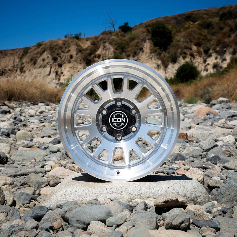 ICON Anza 17x8.5 silver machined cast wheel with 5x150 bolt pattern and 25mm offset, featuring a 5.75-inch backspacing.
