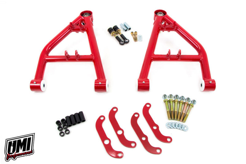 UMI Performance 64-72 GM A-Body tubular lower front control arms with standard ball joints, shown in close-up angle.