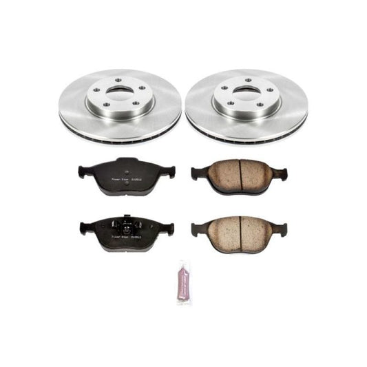PowerStop OE brake kit for 2010-2013 Ford Transit Connect front brakes, including rotors and pads.