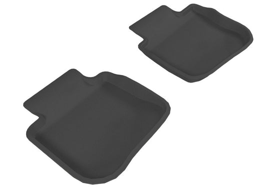 Black 3D MAXpider Kagu 2nd row rubber floor mats for Subaru Legacy and Outback models from 2010 to 2014, with textured surface.