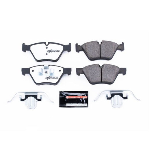 PowerStop Z26 Extreme Street brake pads with hardware for BMW 128i front, high-performance automotive brake system.