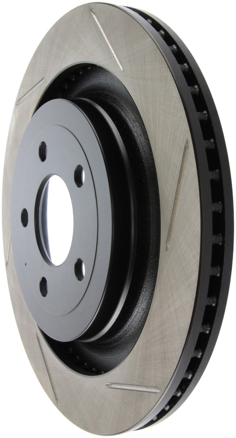 StopTech slotted brake rotor for 2015 Ford Mustang GT rear left, with Brembo brakes, showcasing durable automotive brake components.