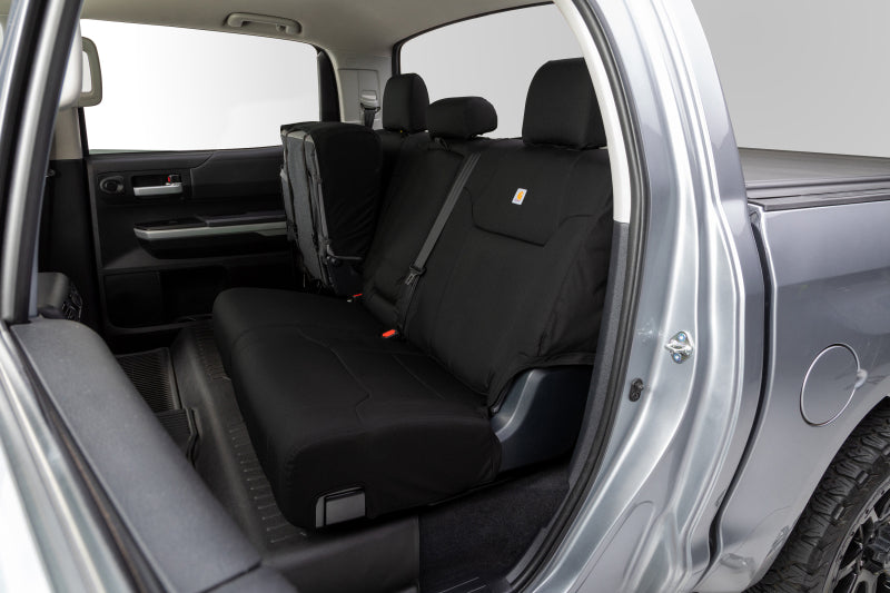 Covercraft Carhartt Super Dux custom second row seat covers in black for 2021-2024 Ford Bronco, made of durable fabric.