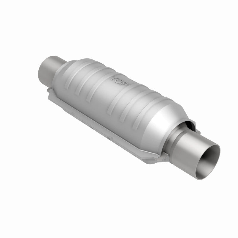 MagnaFlow universal catalytic converter with 2-inch inlet and outlet, 11-inch stainless steel body, designed for vehicle exhaust systems.