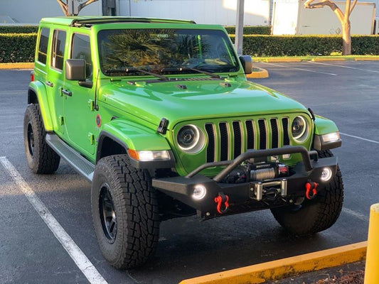 Oracle Lighting high performance LED fog lights for Jeep Wrangler JK, JL, and JT models, without controller, mounted on vehicle.