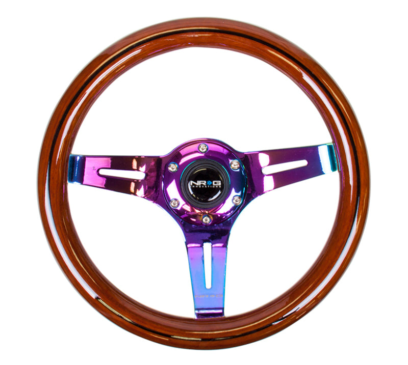 NRG Classic wood grain steering wheel with dark wood and black line inlay, 3-spoke design, 310mm diameter, Neochrome center.