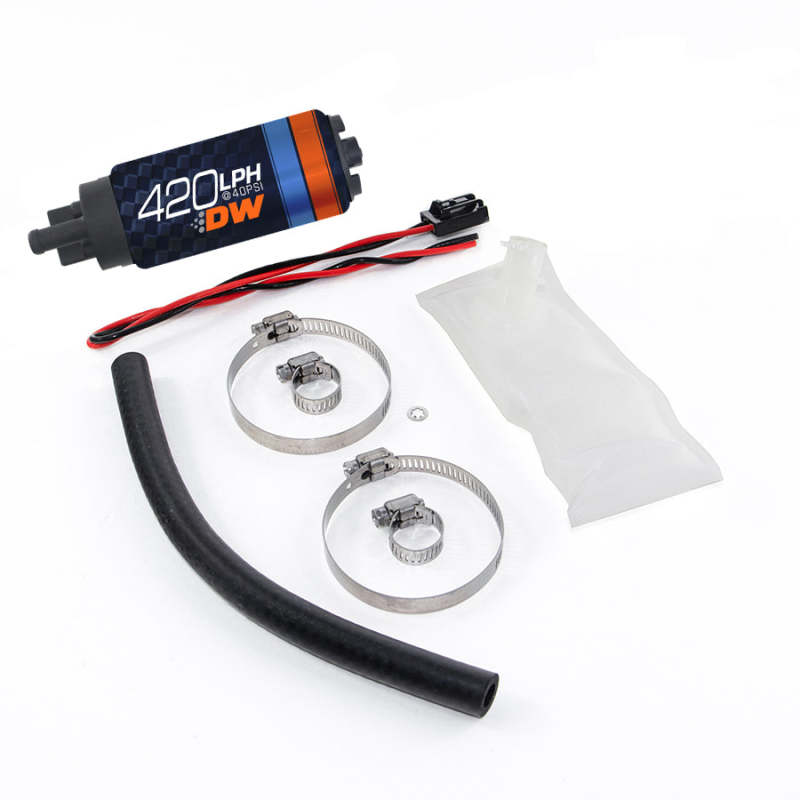DeatschWerks DW420 Series 420lph in-tank fuel pump with install kit for 90-96 Nissan 300ZX Z32, showing pump and accessories.