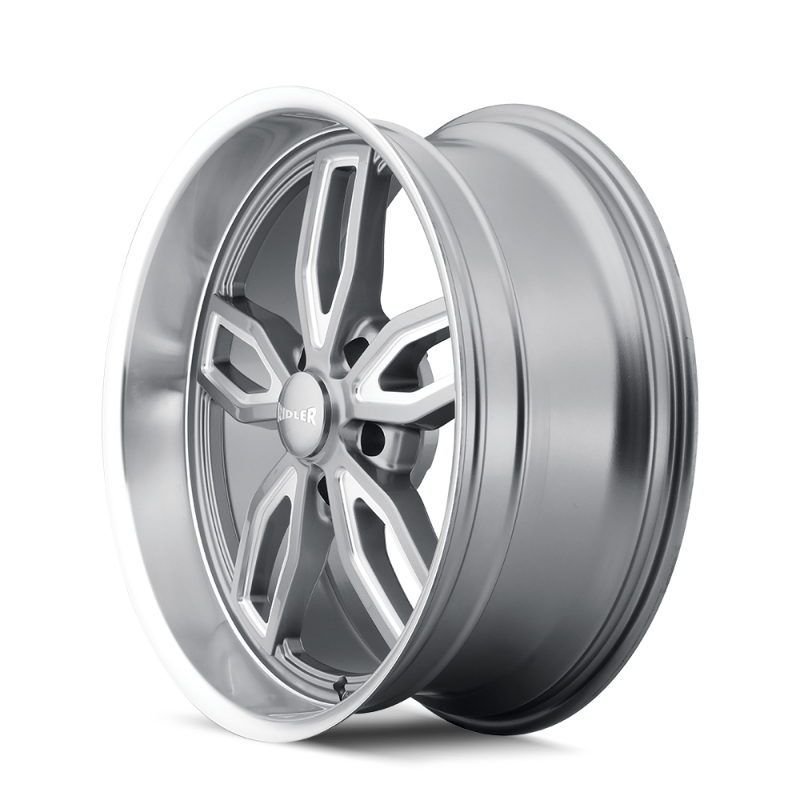 Ridler 608 cast wheel in gloss grey milled finish, 18x8 inches, 5x120 bolt pattern, 0mm offset, 72.62mm hub for vehicles.