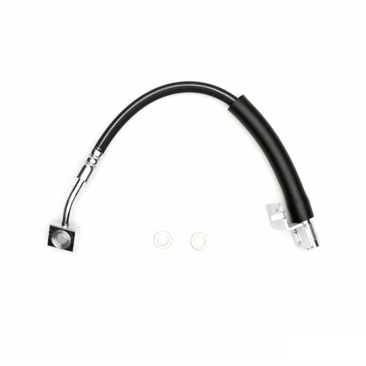 DFC Ford Mustang front-left brake hose from the brake line kit, showing the flexible rubber and metal fittings for braking system.