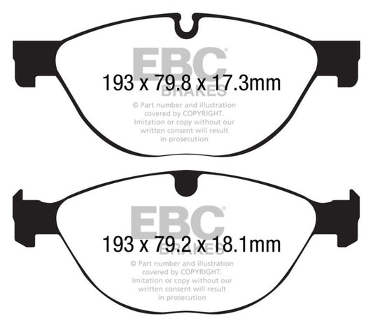 EBC 13+ Jaguar F-Type 3.0 Supercharged performance front brake pads with redstuff friction material, cast iron construction.