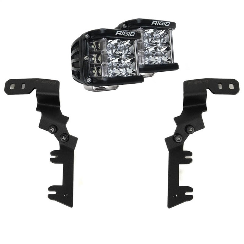 Rigid Industries 23-27 Chevrolet Colorado GMC Canyon D-SS light bar and cube kit installed on vehicle front for enhanced visibility.