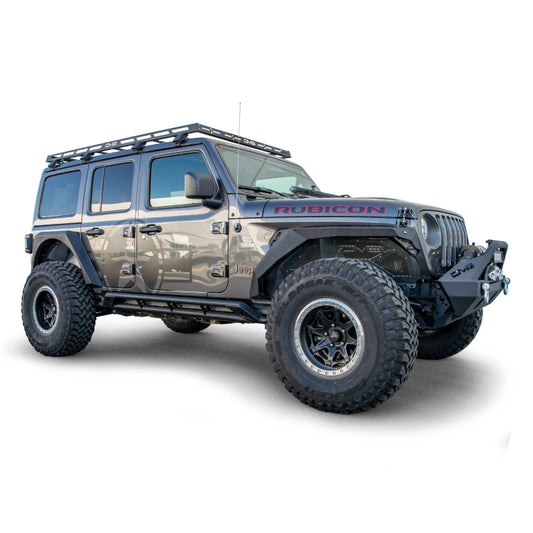 DV8 Offroad Jeep Wrangler JL 4-door roof rack mounted on top of the vehicle, durable black metal construction for offroad gear storage.