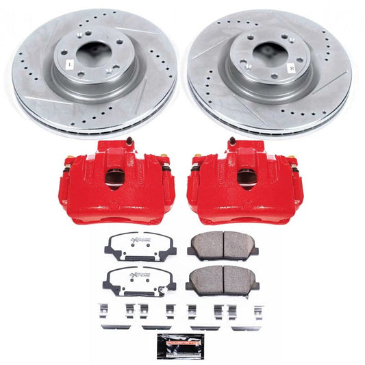 PowerStop Z26 Street Warrior front brake kit with calipers for Hyundai Genesis Coupe 2010-2016, performance brake system.