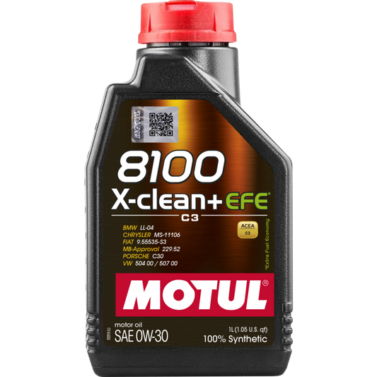 Motul 1L Synthetic Engine Oil 8100 X-Clean + EFE 0W30 bottle, high-performance motor oil for vehicle engine protection