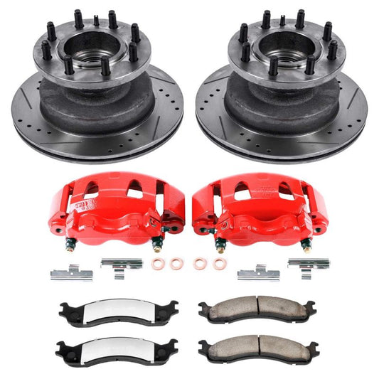 PowerStop front brake rotors with slot and drilled design for Ford E-350 Club Wagon truck and tow kit, showcasing high-performance braking components.
