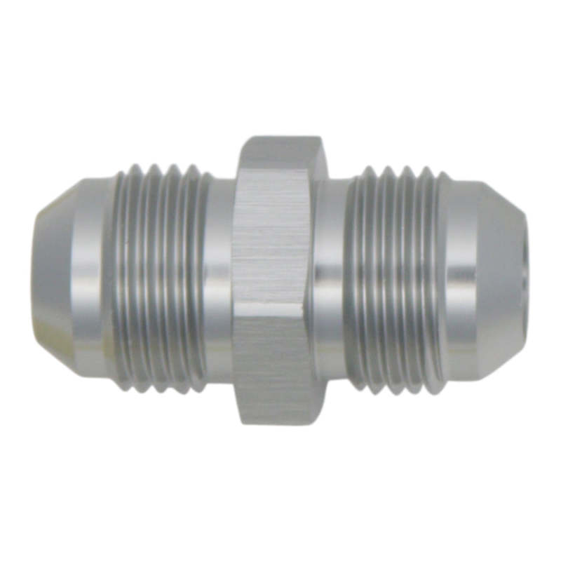 DeatschWerks 8AN male flare to 8AN male flare coupler fitting for fuel and fluid connections, made of durable metal.
