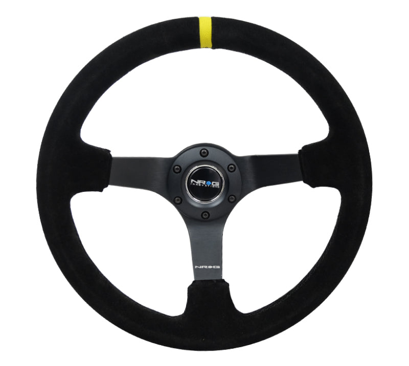 NRG reinforced steering wheel with black suede, yellow center mark, 350mm diameter, 3-inch deep, X-stitch, black spoke.