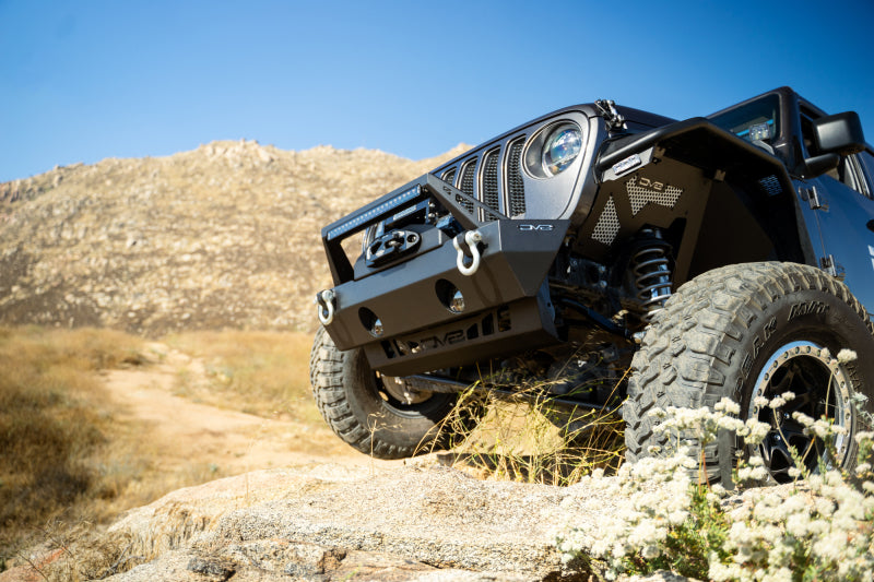 DV8 Offroad Jeep Wrangler JL/JT front bumper sway-bar disconnect motor skid plate, durable protective off-road accessory