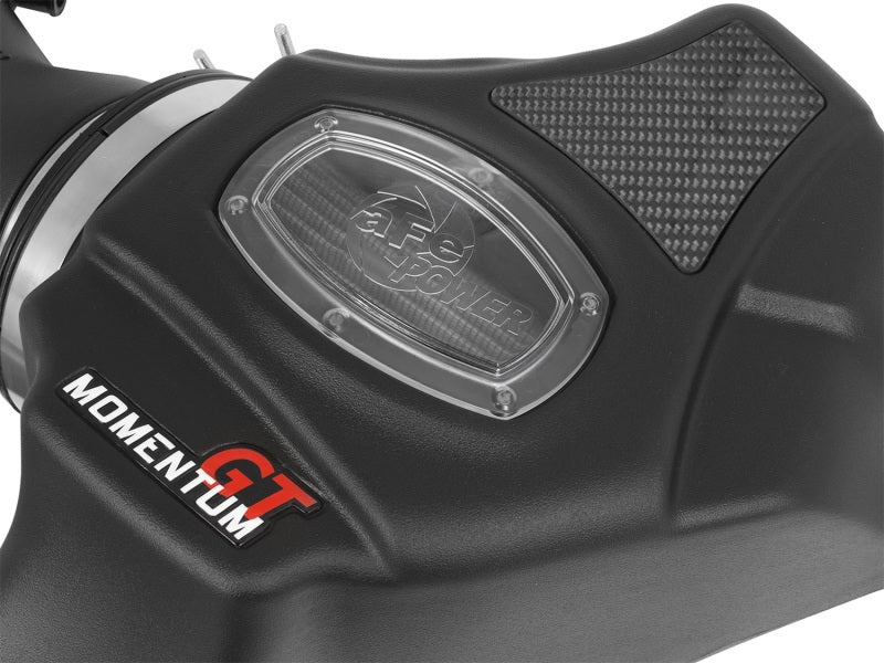 aFe Momentum GT Pro Dry S cold air intake system installed in a 2015 Ford Mustang GT V8 5.0L, showing the intake filter and piping.