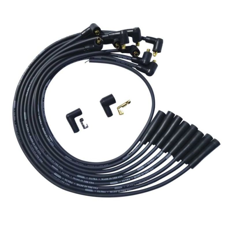 Moroso BBC Over Valve Cover Spark Plug Wire Set in black, includes non-HEI unsleeved ultra spark plug wires for V8 engines