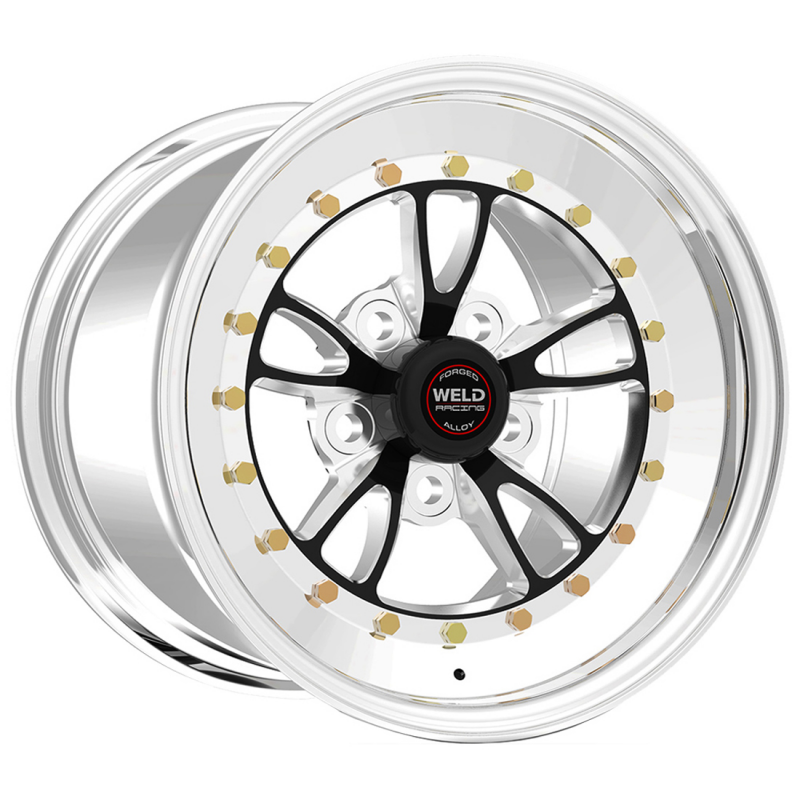Weld Full Throttle 17x11 forged wheel with black center and polished shell, featuring 5x4.75 bolt pattern and 7.7 BS on a vehicle