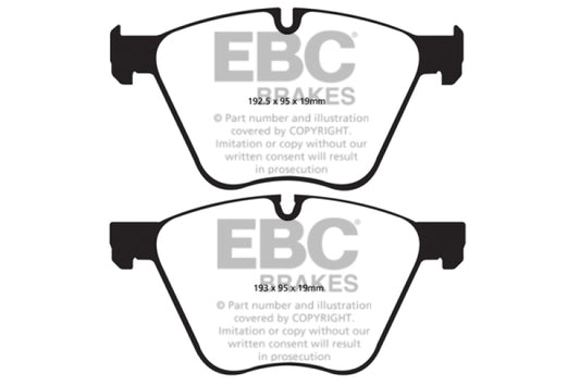 EBC Redstuff front brake pads for BMW X6 4.4 Twin Turbo Hybrid, high-performance brake pads with red friction material.
