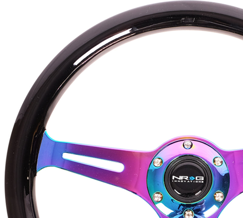 NRG Classic wood grain steering wheel with black paint grip and neochrome 3-spoke center, 350mm diameter, automotive steering wheel.