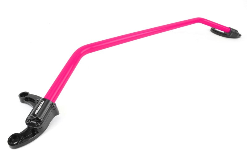 Perrin performance front strut brace in hyper pink for 2002-2007 Subaru WRX/STi, 2004-2008 Forester, mounted on vehicle suspension.