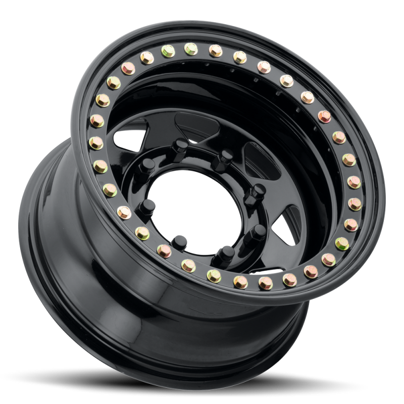 Gloss black Raceline RT80 Rock forged wheel, 15x10 inch, 8x165.1 bolt pattern, -25mm offset, 130.81mm bore, 8-spoke design