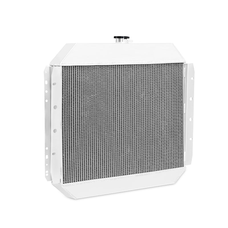 Mishimoto aluminum radiator for 1970-1979 Ford F-Series C/K X-Line, with silver fins and black plastic tanks, front view.