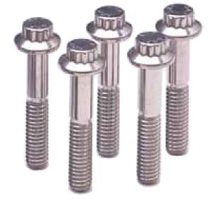 ARP 7/16 inch -14 x 3.500 black oxide bolts in a hardware kit, showing five bolts with hex heads and threaded shafts.